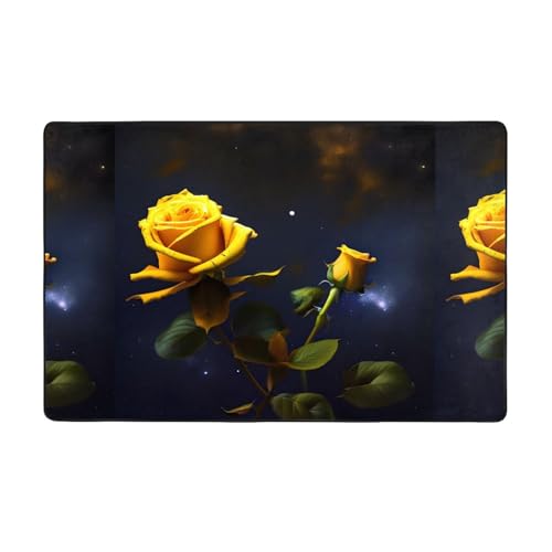 Weicher Flanell-Teppich mit gelben Rosen, Sternennacht, 152,4 x 99,1 cm, rutschfester Memory-Schaum, ideal für Wohnzimmer und Büro. von PEGQCVAM