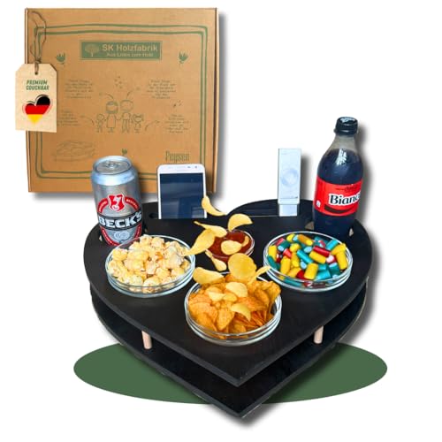 Couchbar Herz 1.0 mit 4 Glasschalen | handgefertigt | Holz | Personalisierbar| Snackbar | Sofabutler | Sofa Tablett | Snackbox | Bettbar (Schwarz mit Gravur) von PEGSEN