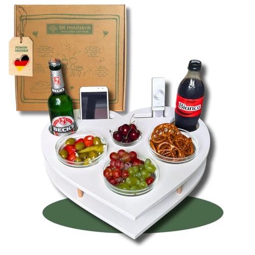 Couchbar Herz 1.0 mit 4 Glasschalen | handgefertigt | Holz | Personalisierbar| Snackbar | Sofabutler | Sofa Tablett | Snackbox | Bettbar (Weiß mit Gravur) von PEGSEN