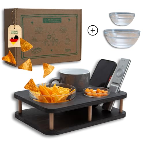 Couchbar Snackbar in Schwarz mit 2 Glasschalen - Sofatablett für Snacks & Getränke [stabil & sicher] - Snackbar mit Getränkehalter - Tablett für die Couch zum abstellen von PEGSEN