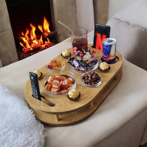 Couchbar Snackbox in Eiche mit 4 Glasschalen PERSONALISIERBAR Sofabar für Snacks und Getränke - Couchtabletts mit Getränkehalter - Sofa Butler - Snackbar für die Couch - Couch Bar personalisiert von PEGSEN