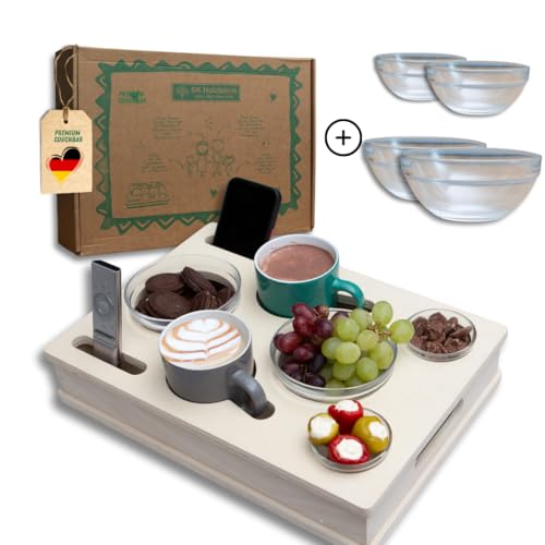 PEGSEN ALL IN ONE Couchbox in weiß mit 4 Glasschalen | Couchbar Snackbox personalisiert | Snackbar für die Couch | Couch Tablett mit Getränkehalter | Sofabar | Couch Butler für Kaffeetassen von PEGSEN