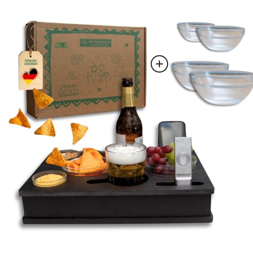 PEGSEN ALL IN ONE Couchbox mit 4 Glasschalen | Couchbar Snackbox personalisiert | Snackbar für die Couch | Couch Tablett mit Getränkehalter | Sofabar | Couch Butler für Kaffeetassen und Weingläser von PEGSEN