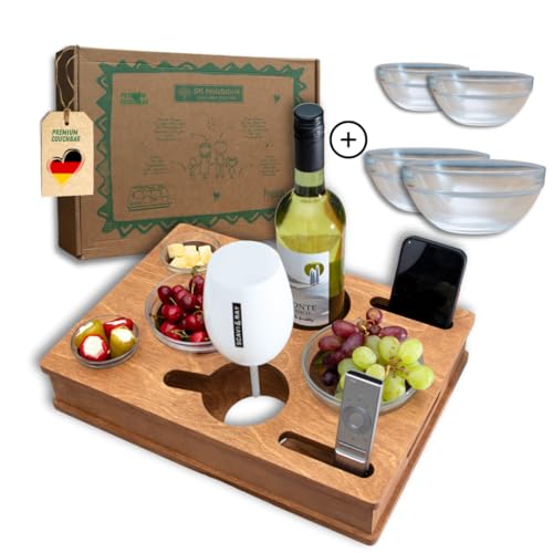 PEGSEN ALL IN ONE Couchbox mit 4 Glasschalen | Couchbar Snackbox personalisiert | Snackbar für die Couch | Couch Tablett mit Getränkehalter | Sofabar | Couch Butler für Kaffeetassen und Weingläser von PEGSEN