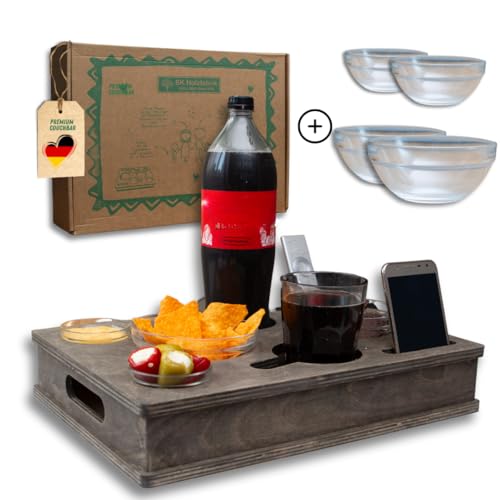 PEGSEN ALL IN ONE Couchbox mit 4 Glasschalen | Couchbar Snackbox personalisiert | Snackbar für die Couch | Couch Tablett mit Getränkehalter | Sofabar | Couch Butler für Weingläser von PEGSEN