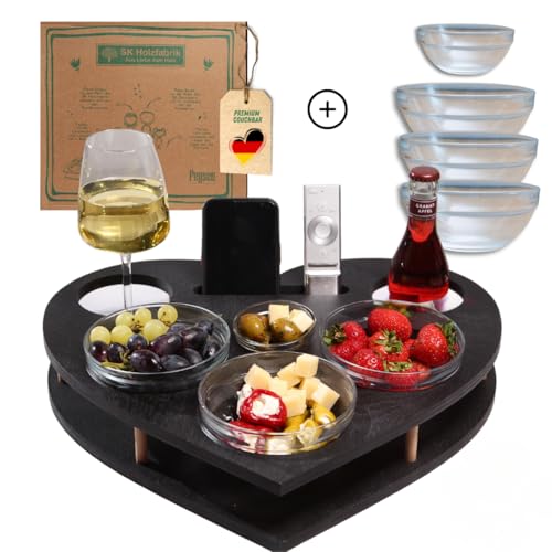 PEGSEN Herz Couchbar in Schwarz - Sofatablett mit 4 Glasschalen [stabil & sicher] - Couch Bar Snackbox personalisiert - Couchtablett mit Getränkehalter von PEGSEN