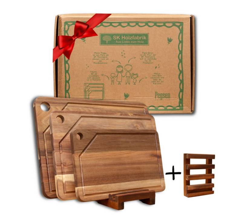 PEGSEN Schneidebrett 3er Set Schneidebrett aus Holz mit Ständer und Handyhalterung, mit praktischen Ständer und Tablet - und Handyhalterung von PEGSEN