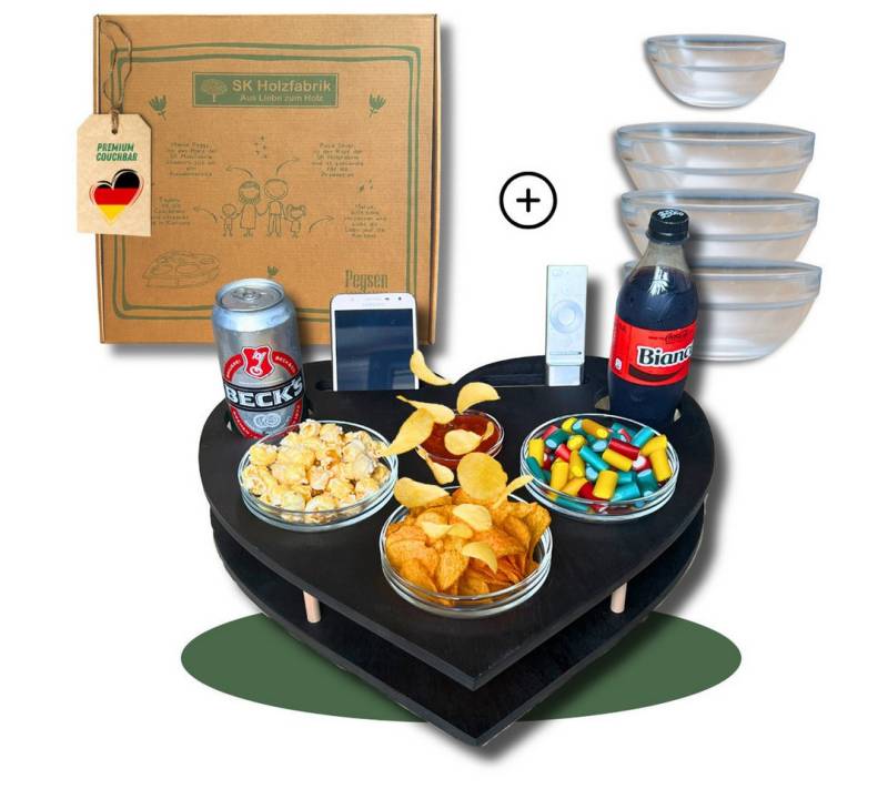 PEGSEN Servier-Set Couchbar mit Handyhalterung Snackbar Herz mit 4 Glasschalen Tablett, Stabil & Praktisch, lebensmittelechte Glasschalen, Handyhalterung von PEGSEN
