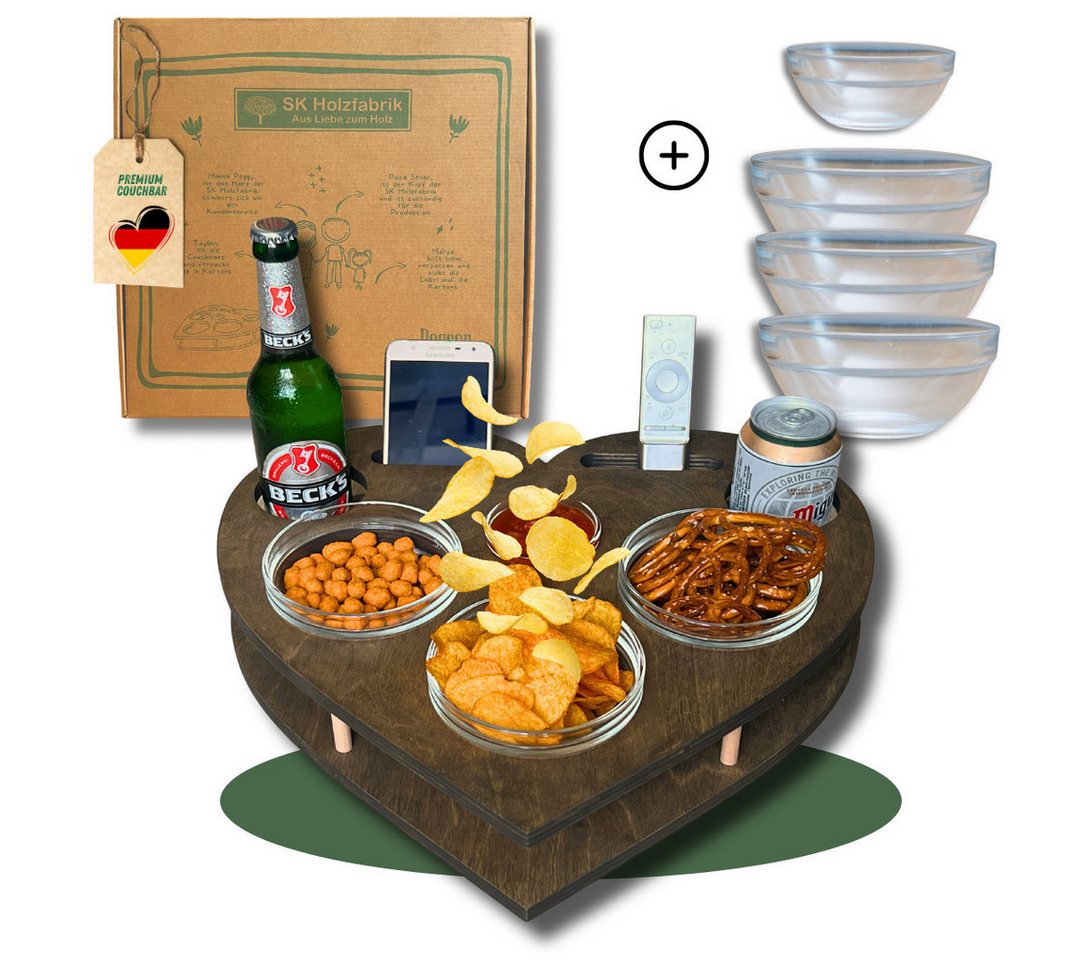 PEGSEN Servier-Set Couchbar mit Handyhalterung Snackbar Herz mit 4 Glasschalen Tablett, Stabil & Praktisch, lebensmittelechte Glasschalen, Handyhalterung von PEGSEN