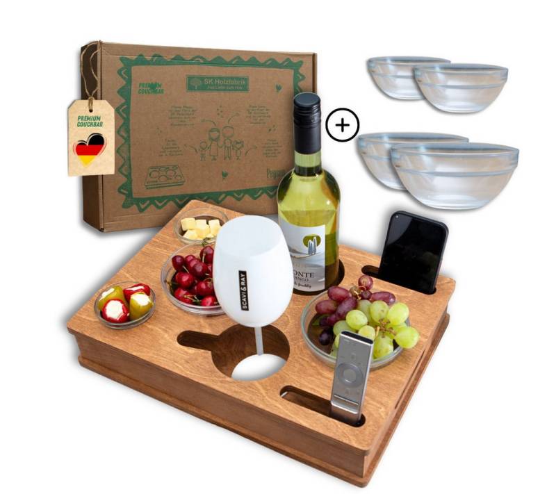 PEGSEN Servierplatte All in One Couchbox Serviertablett mit 4 Glasschalen, Alle Getränke & Snacks stehen stabil und sicher von PEGSEN