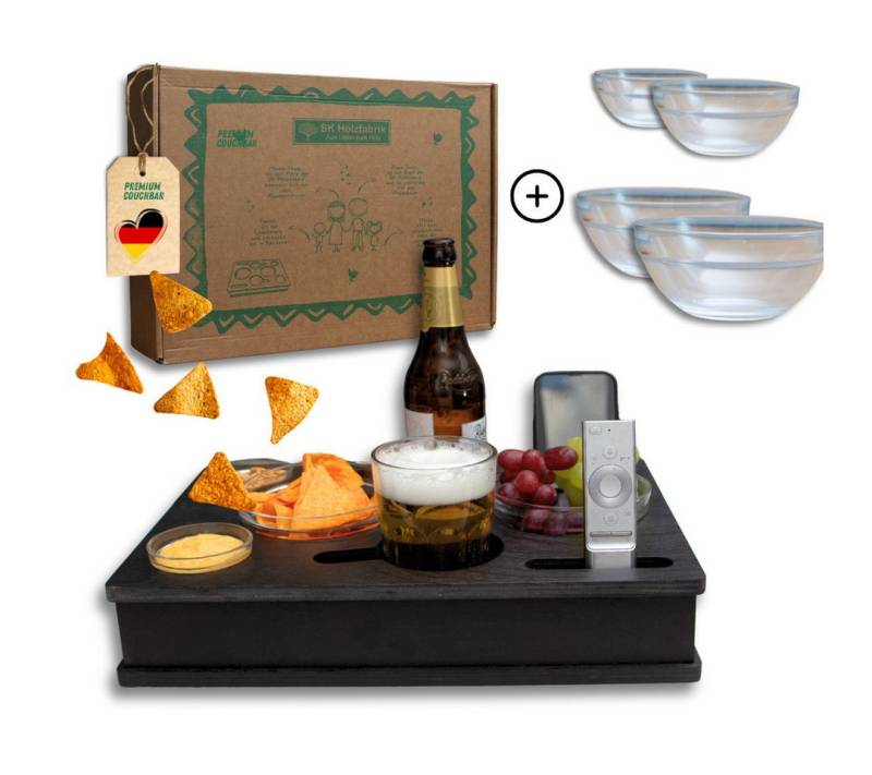 PEGSEN Servierplatte All in One Couchbox Serviertablett mit 4 Glasschalen, Alle Getränke & Snacks stehen stabil und sicher von PEGSEN