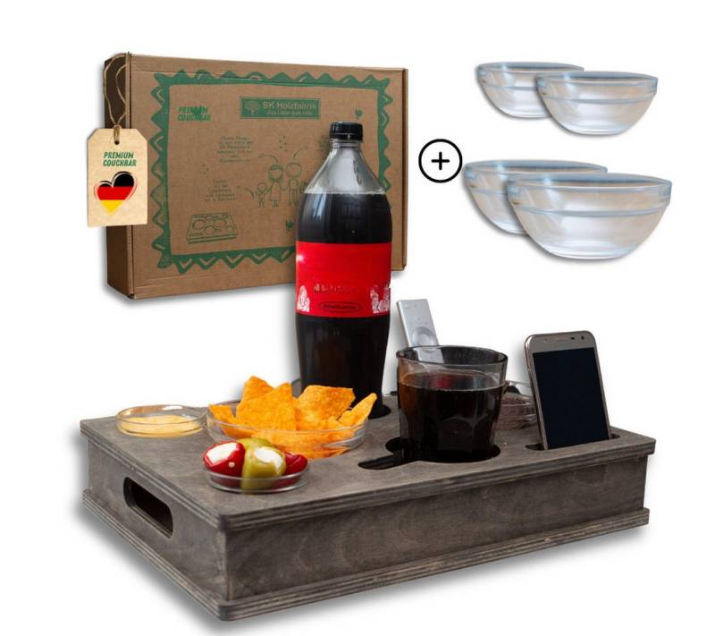 PEGSEN Servierplatte All in One Couchbox Serviertablett mit 4 Glasschalen, Alle Getränke & Snacks stehen stabil und sicher von PEGSEN