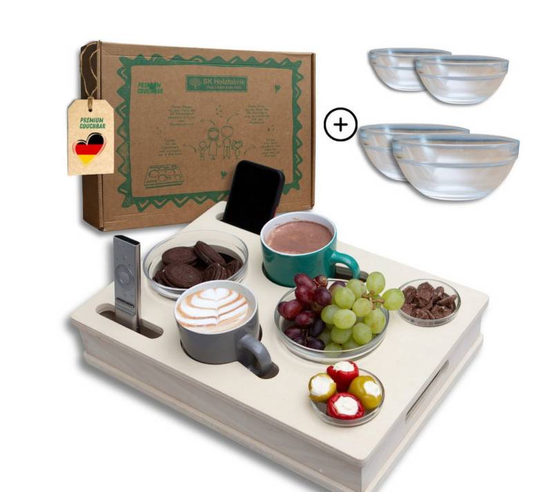 PEGSEN Servierplatte All in One Couchbox Serviertablett mit 4 Glasschalen, Alle Getränke & Snacks stehen stabil und sicher von PEGSEN