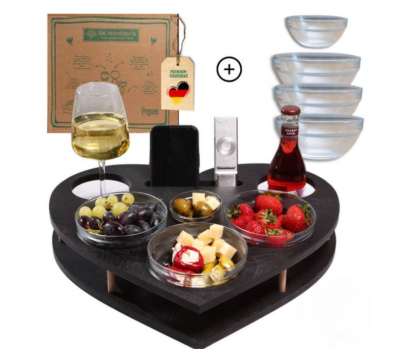 PEGSEN Servierplatte Couchbar Snackbox Herz mit 4 Glasschalen Sofa Tablett, alles steht stabil & sicher, lebensmittelechte Glasschalen von PEGSEN