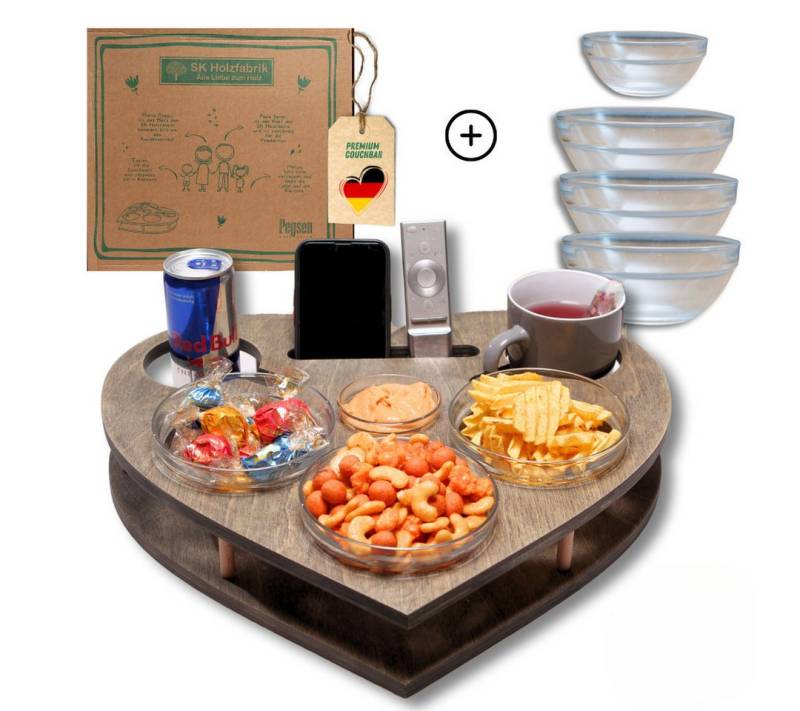 PEGSEN Servierplatte Couchbar Snackbox Herz mit 4 Glasschalen Sofa Tablett, alles steht stabil & sicher, lebensmittelechte Glasschalen von PEGSEN