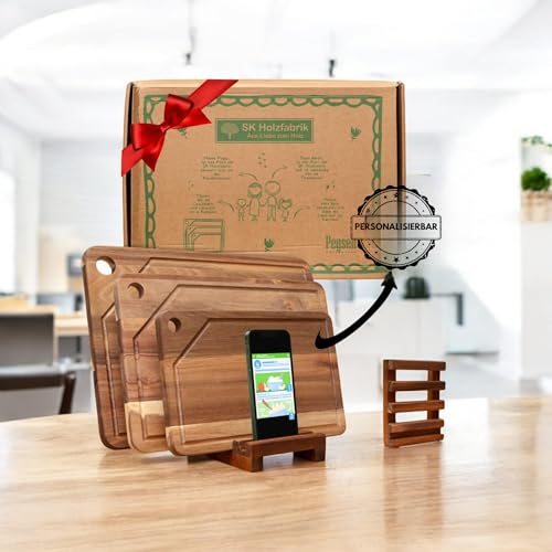 Personalisierte Premium 3er Set Schneidebretter - Küchenbretter aus Akazienholz mit Ständer und Handyhalterung - Hochwertiges Holzbrett mit Saftrille für die Küche von PEGSEN