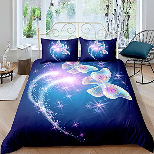 3D Schmetterling Thema Bettwäsche Set, Blumen Schmetterling Blau Lila Schwarz Traum Starlight Bunte Butterfly Mikrofaser Mädchen Frau Bettwäsche Bettbezug und Kissenbezug (Farbe 2,135 x 200 cm) von PEIHUODAN