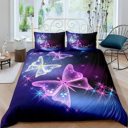 3D Schmetterling Thema Bettwäsche Set, Blumen Schmetterling Blau Lila Schwarz Traum Starlight Bunte Butterfly Mikrofaser Mädchen Frau Bettwäsche Bettbezug und Kissenbezug (Farbe 4,135 x 200 cm) von PEIHUODAN