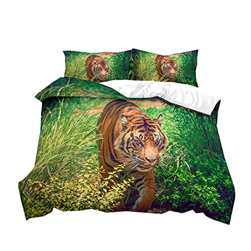 Bettbezug Set 3D Tierbettwäsche Jungle Steppe Tiger Quilt Set Mikrofaser Bettwäsche-Set für Double King Single mit Duvet Cover und Kissenbezügen für Kinder Teens Erwachsene (Farbe 3,200x200 cm) von PEIHUODAN