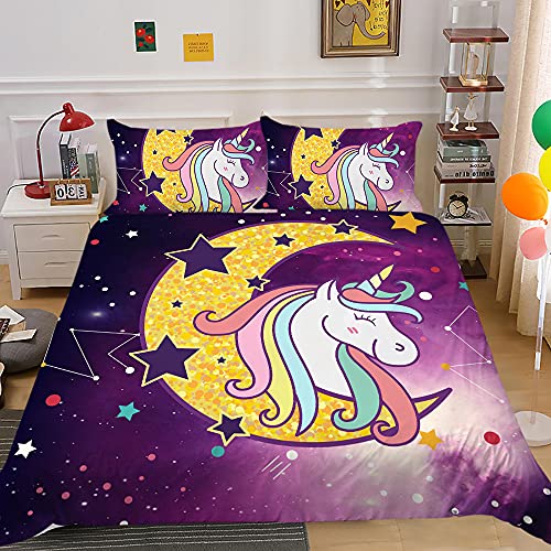 Bettwäsche 135x200 Einhorn Regenbogen Star Blumen Anime Muster 2er Set Kinder Mädchen Teenager Floral Pferde Tier Bettbezüge Mit Reißverschluss Und Kissenbezug Mikrofaser Kinderzimmer (lila) von PEIHUODAN