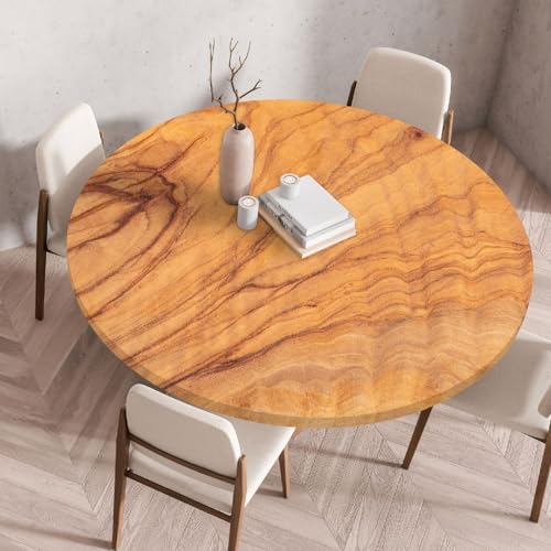 Elastizität Runde Tischdecke – 3D Holzmaserung Druck, rutschfeste Spanntischdecke, Wetterfest & Abwaschbar für Outdoor – Runde Tischtuch in Mehreren Größen (Print 10,60cm) von PEIHUODAN