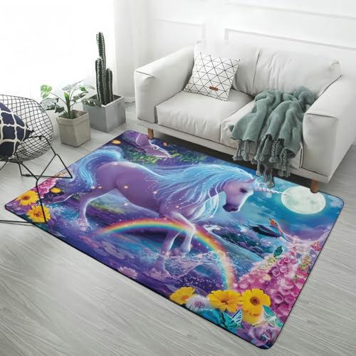 Fantasy Animal 3D Modern Home Decor Teppich Flanell Regenbogen Einhorn Weiß Tiger Schildkröte Welpenmuster Rutschfester Flächenteppich für Wohnzimmer Schlafzimmer Spielzimmer, 140x200 cm, Color 6 von PEIHUODAN