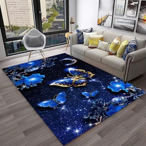 Floral Starlight Butterfly 3D Flanell Teppich Modern Lila Blau Goldfarben, Dekorativer Wohnzimmer Teppich Rutschfeste Teppiche für Schlafzimmer Mädchen Frauen Nachttischvorleger, 100x150 cm, Color4 Floral Starlight Butterfly 3D Flanell Teppich Modern Lila Blau Goldfarben, Dekorativer Wohnzimmer Teppich Rutschfeste Teppiche für Schlafzimmer Mädchen Frauen Nachttischvorleger, 100x150 cm, Color4 von PEIHUODAN