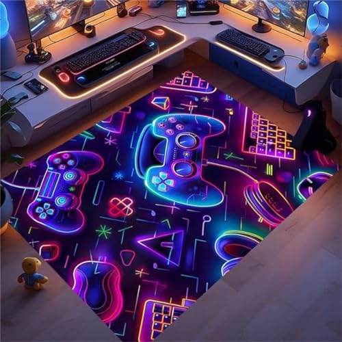 Gaming Bereich Teppich Kinderteppich Jungen Kinder 3d-gedruckter Neon-spiele Cool Graffiti Gaming Gamer Muster Sofa Bett Teppiche Gaming Schlafzimmer Gaming Zimmer Deko Carpets (Navy,140x200cm) von PEIHUODAN