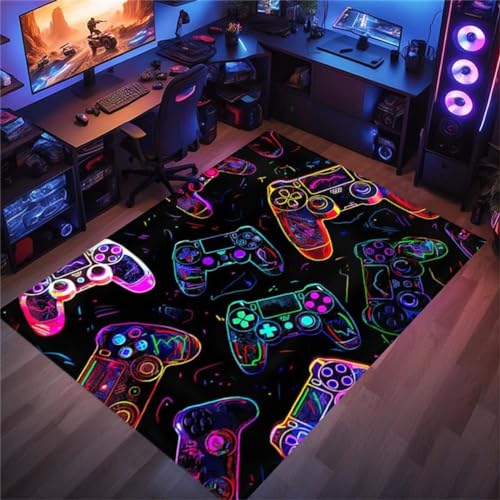 Gaming Bereich Teppich Kinderteppich Jungen Kinder 3d-gedruckter Neon-spiele Cool Graffiti Gaming Gamer Muster Sofa Bett Teppiche Gaming Schlafzimmer Gaming Zimmer Deko Carpets (Schwarz,120x160cm) von PEIHUODAN