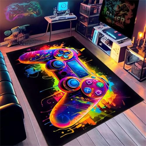 Gaming Bereich Teppich Teener Zimmer Home Decor Anime Cool Neon 3d Graffiti Gamepad Gedruckter Teppich Doppelt Gamer Spiel-teppich Fürs Jugendzimmer Wohnzimmer Sofa Teppich (Graffiti,140x200cm) von PEIHUODAN