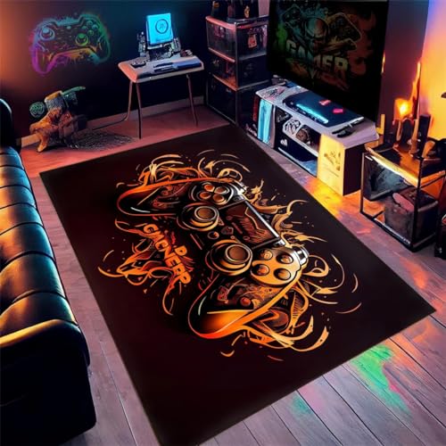 Gaming Bereich Teppich Teener Zimmer Home Decor Anime Cool Neon 3d Graffiti Gamepad Gedruckter Teppich Doppelt Gamer Spiel-teppich Fürs Jugendzimmer Wohnzimmer Sofa Teppich (Orange,160x200cm) von PEIHUODAN