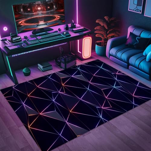 Gaming Teppich Jugendzimmer Jungen 3D Neon Visueller Style Geometrischer Liniendruck Kinderzimmer Gaming Deko Rutschfest Abwaschbar Spielteppich Gaming-Schlafzimmer Coole Deko (Farbe 3,160x230cm) von PEIHUODAN