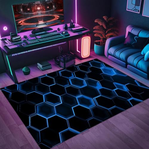 Gaming Teppich Jugendzimmer Jungen 3D Neon Visueller Style Geometrischer Liniendruck Kinderzimmer Gaming Deko Rutschfest Abwaschbar Spielteppich Gaming-Schlafzimmer Coole Deko (Farbe 9,160x200cm) von PEIHUODAN