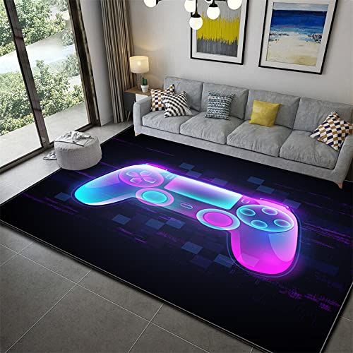 Kinderteppich Gamepad 3D Wohnzimmer Schlafzimmer Rutschfester Gamer-Teppich Aquarell Graffiti-Spritzer Spielkonsole Gaming Innen-Fußmatte Badematte Krabbelmatte für Kinder (Violett,100 x 150 cm) von PEIHUODAN