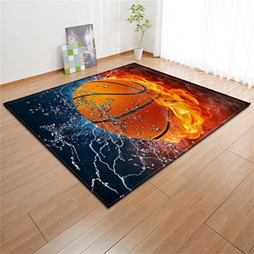 Kinderteppich Matte Sport Baseball American Football Billard Muster Großes Wohnzimmer Junge Teenager Schlafzimmer Teppich Rutschfeste Teppiche Wasser Feuer Blitz Basketball (Orange,150 x 200 cm) von PEIHUODAN