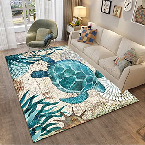 Meerestiere 3D Blue Turtle Octopus Wal Teppich Wohnzimmer Teppich Kinderspiel Teppich Schlafzimmer Teppich Korridor Bodenmatte Badematte Eingang Balkon Teppich Rutschfest (Blau A,100 x 150 cm) von PEIHUODAN
