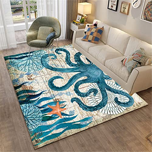 Meerestiere 3D Blue Turtle Octopus Wal Teppich Wohnzimmer Teppich Kinderspiel Teppich Schlafzimmer Teppich Korridor Bodenmatte Badematte Eingang Balkon Teppich Rutschfest (Blau C,80 x 120 cm) von PEIHUODAN