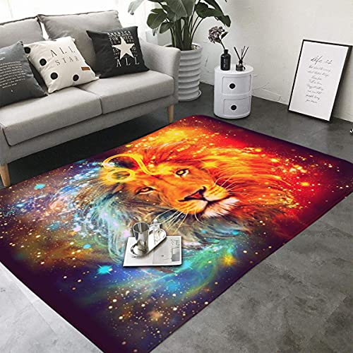 PEIHUODAN 3D Galaxis Löwe Tier Teppich Kinder Jungen Teenager Groß Kinderzimmer Gaming Teppich Schlafzimmer Dekoration Wohnzimmer Modern Weich Kinderteppiche Bunt Braun Gelb Waschbarer (120 x 180 cm) von PEIHUODAN