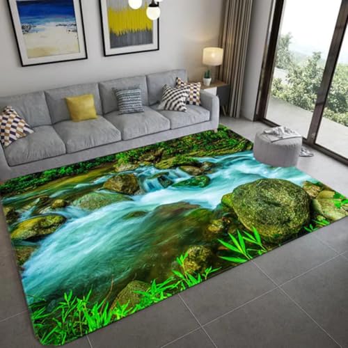 PEIHUODAN 3D Natürlicher Landschaft Teppich Für Wohnzimmer Grün Wald Wasserfall Landschafts Teppich rutschfest Geeignet Für Schlafzimmer, Arbeitszimmer, Spielzimmer, Badezimmer (Color 1,100x200 cm) von PEIHUODAN
