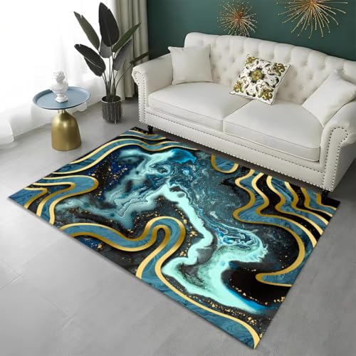 PEIHUODAN 3D Teppiche Mit Marmoreffekt, Moderner Grün Blau Goldener Flanell Plüschteppich Für Wohnzimmer Und Arbeitszimmer, rutschfeste Badematte, Läufer (Farbe 2,140x200 cm) von PEIHUODAN