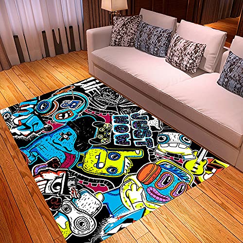 PEIHUODAN Anime Graffiti Gamer Teppich Kinder Jungen Groß Kinderzimmer Gaming 3D Teppich Schlafzimmer Wohnzimmer Kurzflor Krabbelmatte Modern Weich Kinderteppiche Waschbarer (Bunt,100x150 cm) von PEIHUODAN