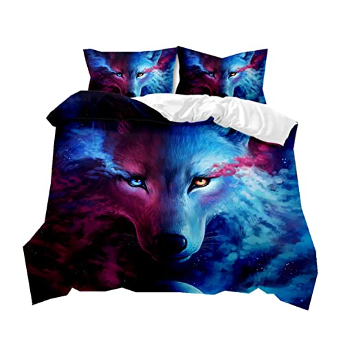 PEIHUODAN Bettbezug mit Reißverschluss und 3D Wald Mond Wolf Muster Polyester Bettwäsche Set Männer Jungen Galaxie Flamme Yin Yang Wolf Design Bettbezüge Set und Kissenbezüge (Farbe 2,135x200 cm) von PEIHUODAN