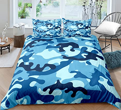 PEIHUODAN Blau Braun Grau Dunkelgrün Camouflage Bettwäsche 2/3-teiliges Bettbezug-Set Mikrofaser-Polyester Herren Jungen Reißverschluss Bettbezug mit Kissenbezug 50x75 cm (Blau,135x200 cm) von PEIHUODAN