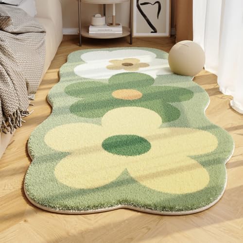 PEIHUODAN Blumenförmiger Kaschmir Imitat Teppich – Plüschiger Flauschiger Teppich Wohnzimmer, Mädchen Schlafzimmer, Weicher Bequemer Läuferteppich für Bett (Grün,80x200 cm) von PEIHUODAN
