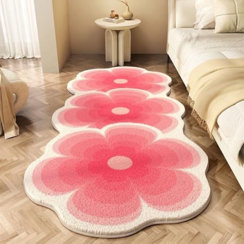 PEIHUODAN Blumenförmiger Kaschmir Imitat Teppich – Plüschiger Flauschiger Teppich Wohnzimmer, Mädchen Schlafzimmer, Weicher Bequemer Läuferteppich für Bett (Rosa,50x80 cm) von PEIHUODAN