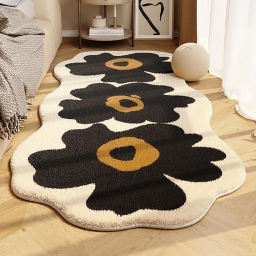 PEIHUODAN Blumenförmiger Kaschmir Imitat Teppich – Plüschiger Flauschiger Teppich Wohnzimmer, Mädchen Schlafzimmer, Weicher Bequemer Läuferteppich für Bett (Schwarz,80x160 cm) von PEIHUODAN