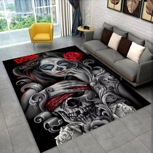 PEIHUODAN Death Skull Horror Woman 3D Teppich Schwarz Grauer Teppich Für Wohnzimmer Schlafzimmer Spielzimmer Moderne Dekoration rutschfeste Bodenmatte, Läufer, Badematte (Grau 1,160x230 cm) von PEIHUODAN