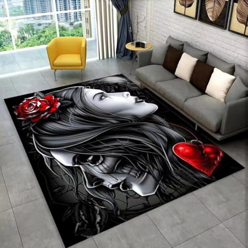 PEIHUODAN Death Skull Horror Woman 3D Teppich Schwarz Grauer Teppich Für Wohnzimmer Schlafzimmer Spielzimmer Moderne Dekoration rutschfeste Bodenmatte, Läufer, Badematte (Grau 2,80x120 cm) von PEIHUODAN