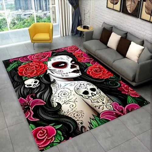 PEIHUODAN Death Skull Horror Woman 3D Teppich Schwarz Grauer Teppich Für Wohnzimmer Schlafzimmer Spielzimmer Moderne Dekoration rutschfeste Bodenmatte, Läufer, Badematte (Grau 4,100x120 cm) von PEIHUODAN