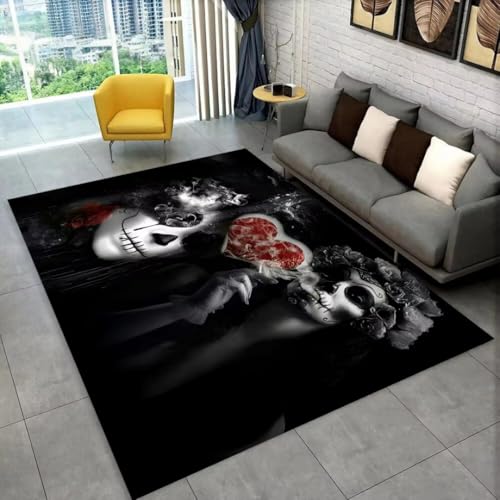 PEIHUODAN Death Skull Horror Woman 3D Teppich Schwarz Grauer Teppich Für Wohnzimmer Schlafzimmer Spielzimmer Moderne Dekoration rutschfeste Bodenmatte, Läufer, Badematte (Grau 6,100x200 cm) von PEIHUODAN